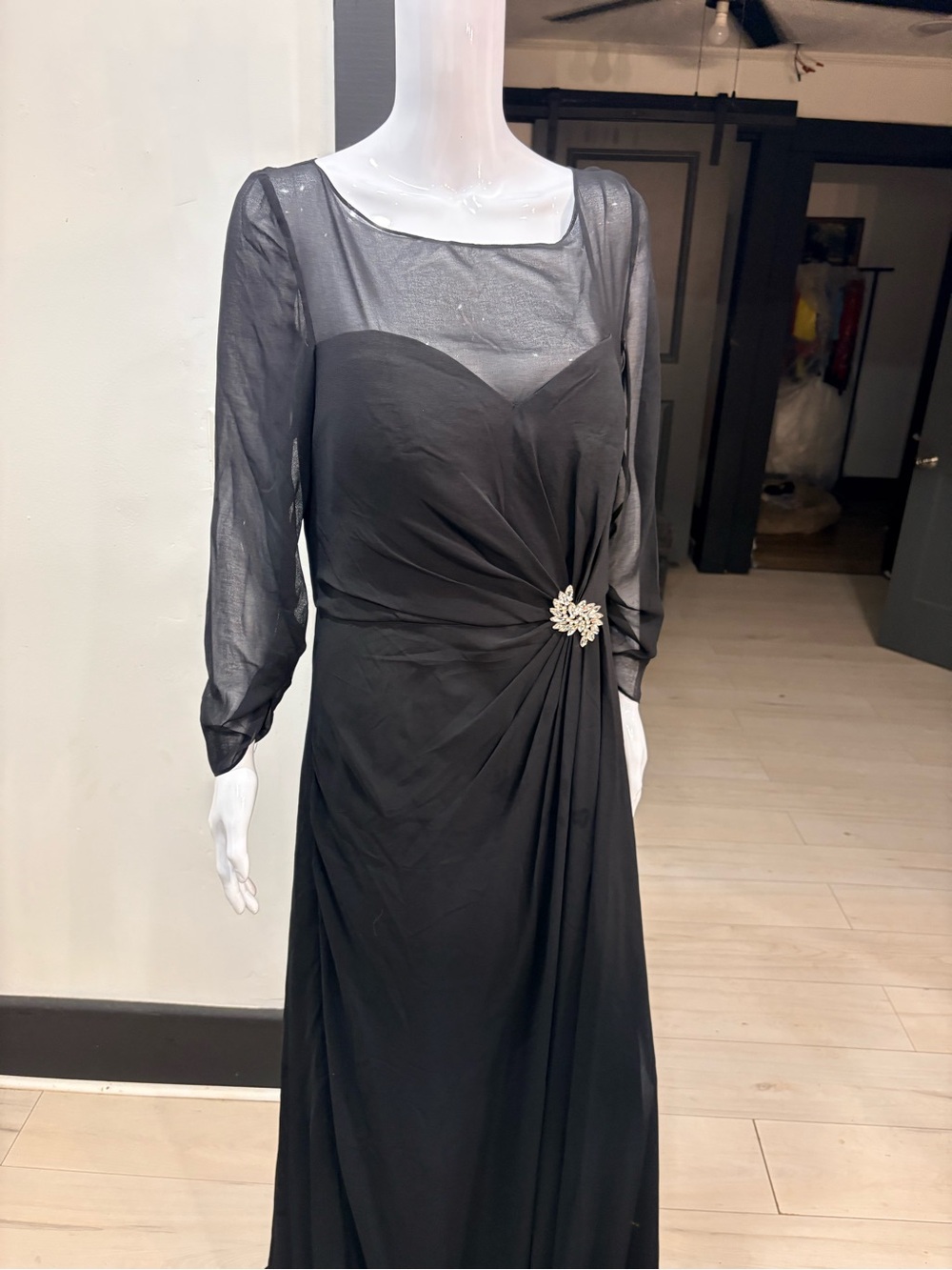 Cinderella Black Maxi Dress with Sheer Long Sleeves and Brooch